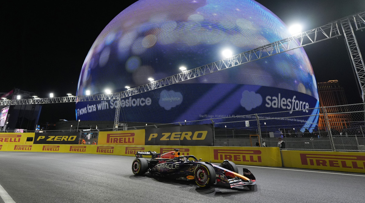 Red Bull driver Max Verstappen races in front of the Sphere during the Las Vegas Grand Prix.